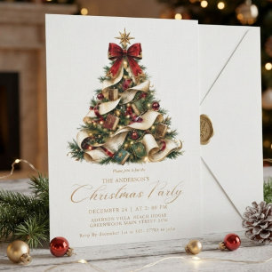 Invitación Elegante árbol de Navidad rojo y dorado de inviern