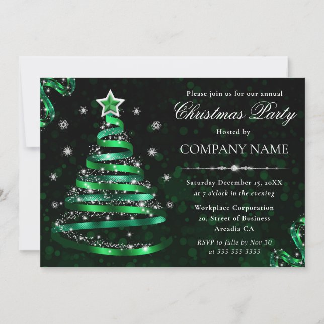 Invitación Elegante árbol de Navidad verde y plateado espárra (Anverso)