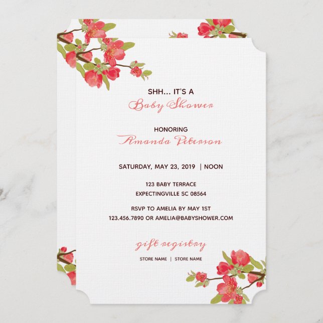 Invitación Elegante arbol rosa florece Baby Shower (Anverso / Reverso)