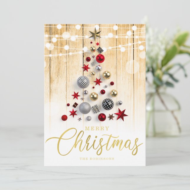 Invitación Elegante Árbol Rústico de Guión de Oro de Navidad (Anverso de pie)