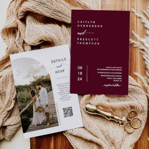 Invitación Elegante arca Boda de Boho Borgoña Foto Código QR