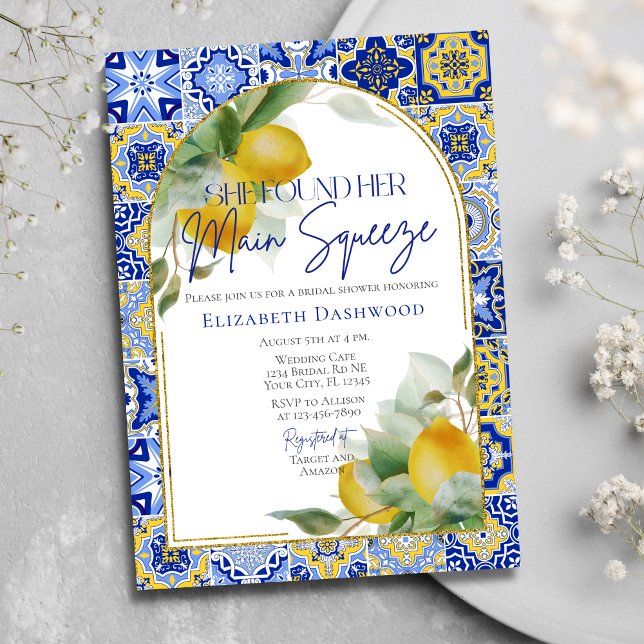 Invitación Elegante Arch Blue Tile Lemon Citrus Bridal Ducha (Subido por el creador)