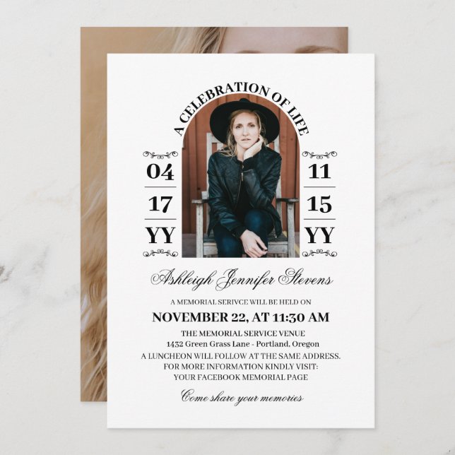 Invitación Elegante Arco Blanco Foto Celebración de la vida (Anverso / Reverso)