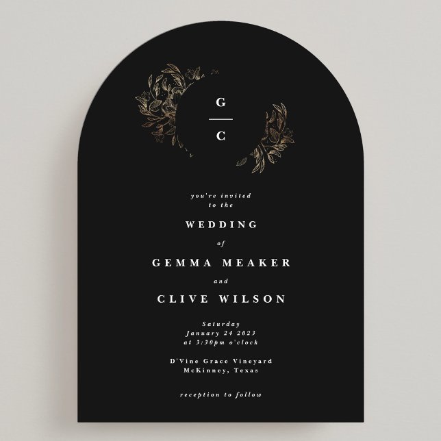 Invitación Elegante arco Boda de monograma botánico dibujado  (Subido por el creador)