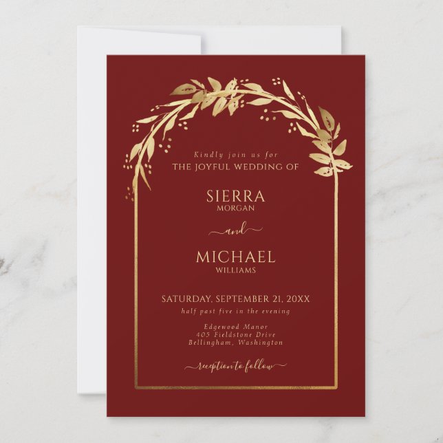 Invitación Elegante Arco Boda del Foliage Dorado de Borgoña (Anverso)