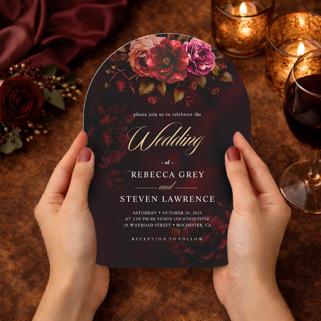 Invitación Elegante arco boda floral negro rojo (Subido por el creador)