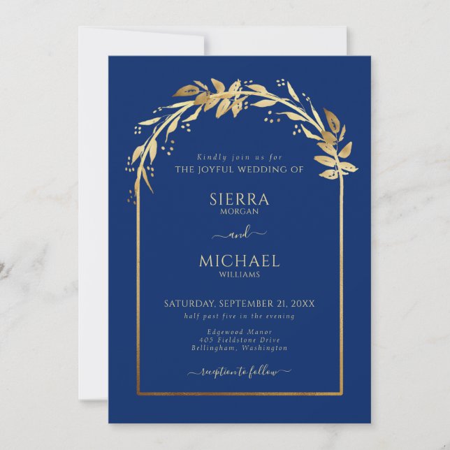 Invitación Elegante Arco Boda Real Azul y Oro Foliage (Anverso)