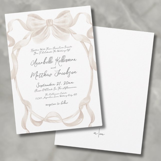 Invitación Elegante Arco Caprichoso de Boda (Elegant Romantic Bow Ribbons Whimsical Wedding Invitation)