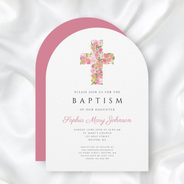 Invitación Elegante Arco de Baptismo Religioso de Cruz Floral (Elegant Religious Pink Floral Cross Baptism Arch Invitation)