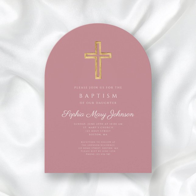 Invitación Elegante arco de bautismo religioso cruzado Chica  (Elegant Pink Religious Cross Girl Baptism Arch Invitation)