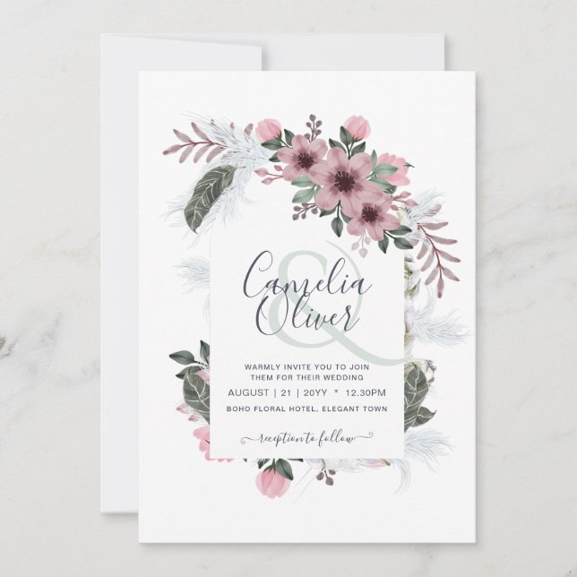 Invitación Elegante Arco de Boda Floral con Ampersand y Polvo (Anverso)