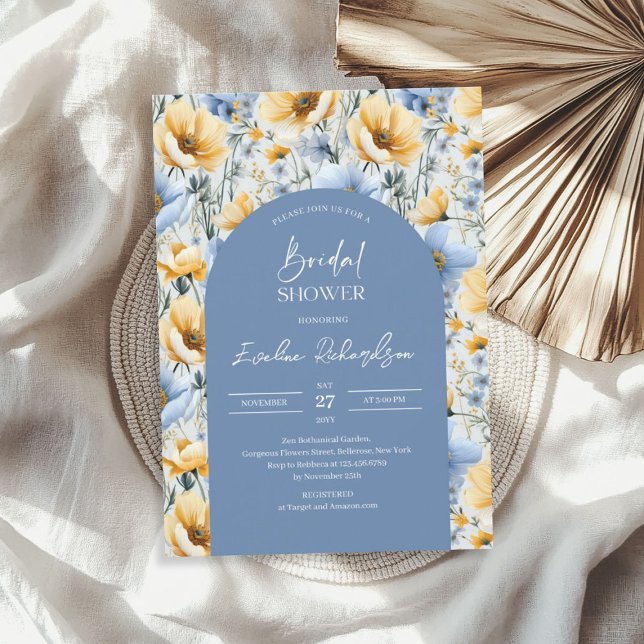 Invitación Elegante arco de Boho flores silvestres azules y a (Elegant Boho arch light blue & yellow wildflowers Invitation)
