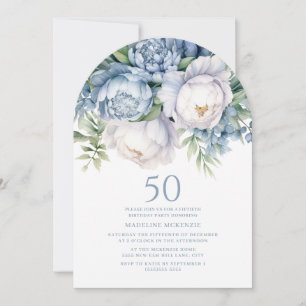 Invitación Elegante Arco de Cumpleaños 50 Floral Azul Polvo B