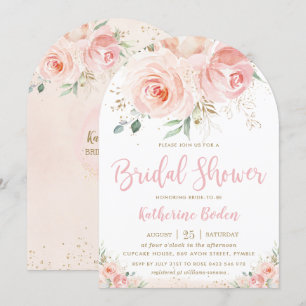 Invitación Elegante arco de ducha dorada con flores rosadas d