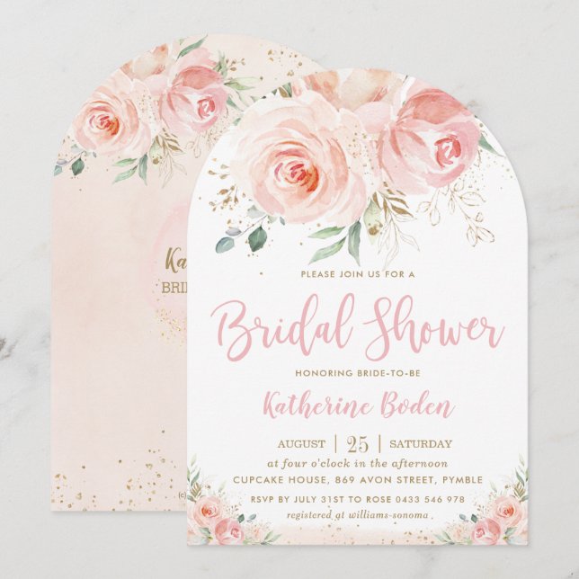 Invitación Elegante arco de ducha dorada con flores rosadas d (Anverso / Reverso)