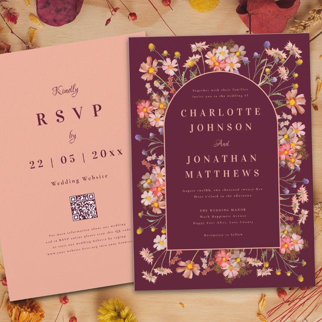 Invitación Elegante Arco de Flor Silvestre Burgundy Boda de C (Elegant boho wildflower arch burgundy terracotta burnt orange peach fall wedding invitation )