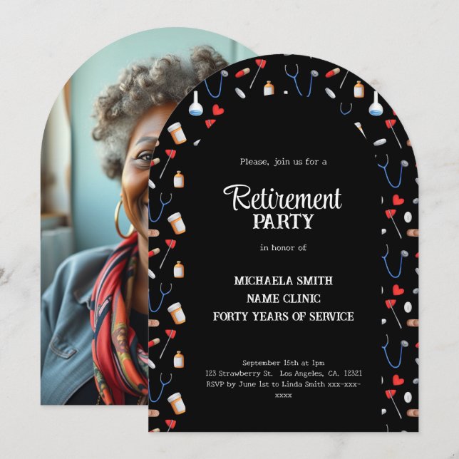 Invitación Elegante arco de fotos de enfermería jubilada (Anverso / Reverso)