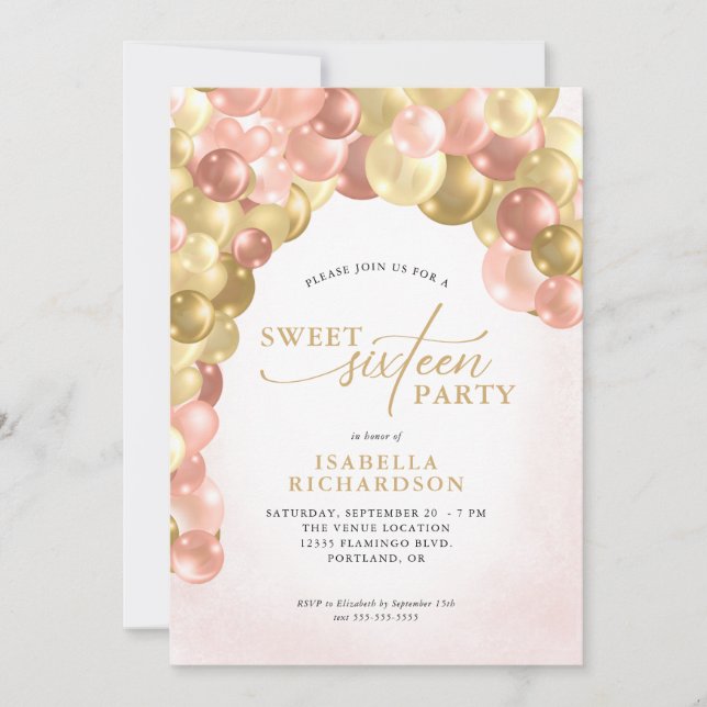 Invitación Elegante Arco de globo rosa y dulce dorado 16 Fies (Anverso)