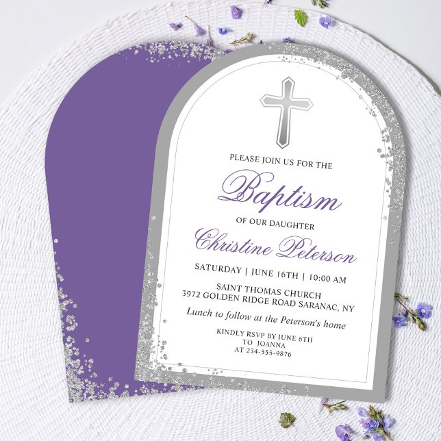 Invitación Elegante arco de lavanda plateada de bautismo púrp (Subido por el creador)