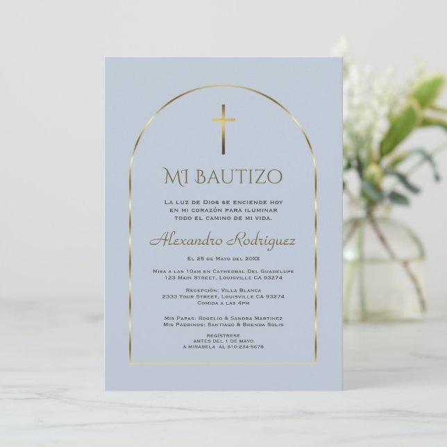 Invitación Elegante Arco de Oro Dusty Blue Boy Bautizo Españo (Anverso de pie)
