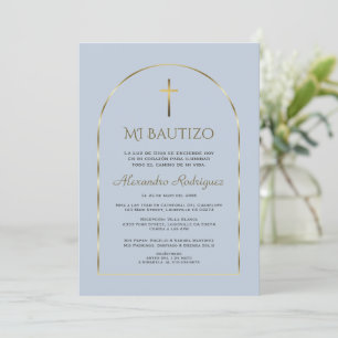 Invitación Elegante Arco de Oro Dusty Blue Boy Bautizo Españo