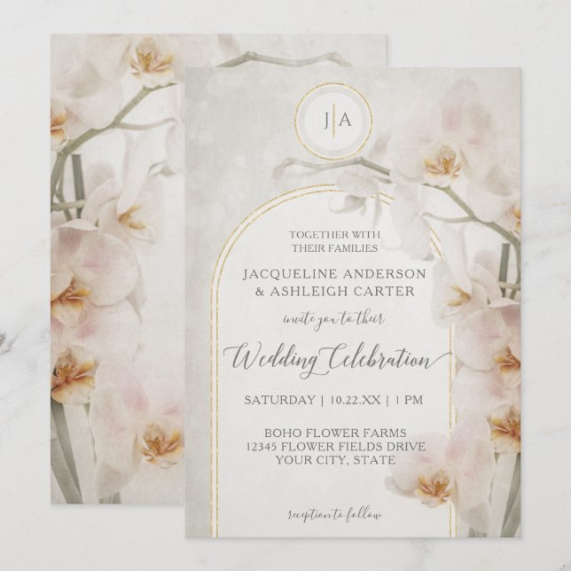 Invitación Elegante Arco de Oro Orquídea Monograma Neutral Ah (Anverso / Reverso)