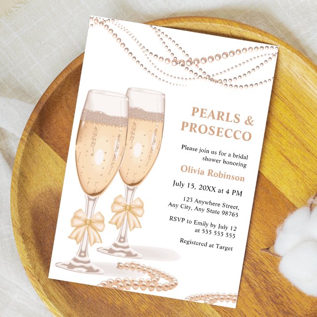 Invitación Elegante Arco de Oro Perlas y Bridal Shower de Pro (Elegant Gold Bow Pearls and Prosecco Bridal Shower Invitation    )