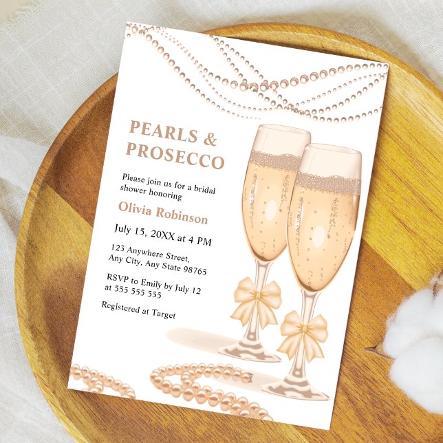 Invitación Elegante Arco de Oro Perlas y Prosecco Despedida d (Elegant Gold Bow Pearls and Prosecco Bridal Shower Invitation )