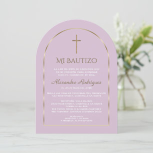 Invitación Elegante Arco de Oro Púrpura Bautizo Español