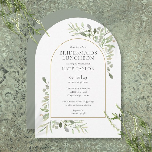 Invitación Elegante Arco de Oro Verde Bridesmaids Luncheon (Elegant Gold Arch Greenery Bridesmaids Luncheon Invitation)