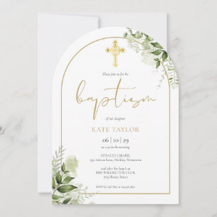 Invitación Elegante Arco de Oro Verde Floral Foliage Bautizo