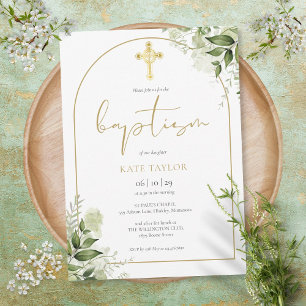 Invitación Elegante Arco de Oro Verde Floral Foliage Bautizo
