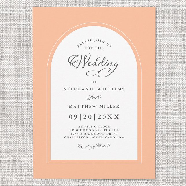 Invitación Elegante Arco de Peach Moderno Caligrafía Moda Bod (Elegant Peach Arch Modern Calligraphy Wedding Chic Invitation)