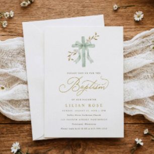 Invitación Elegante Arco de Salvia Bautizo Aquarela Verde