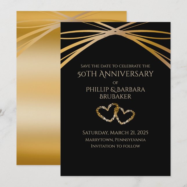 Invitación Elegante Arco Dorado 50 Aniversario Salvar la fech (Anverso / Reverso)