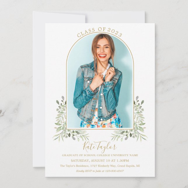 Invitación Elegante Arco Dorado de Verde para Foto de Fiesta  (Anverso)