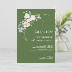 Invitación Elegante Arco Dorado Floral Sap Green Bautizo