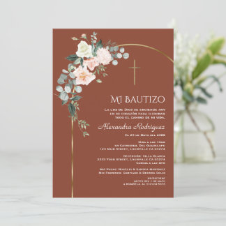 Invitación Elegante Arco Dorado Floral Terracotta Bautizo