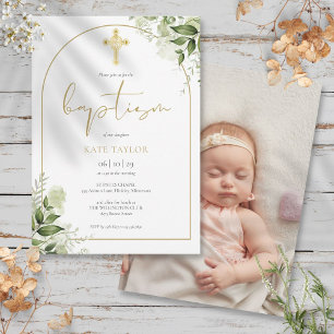 Invitación Elegante Arco Dorado Verde Floral Foto Bautizo