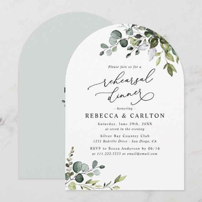 Invitación Elegante Arco Eucalyptus Verdor Cena (Anverso / Reverso)