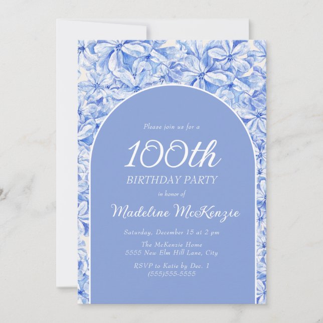 Invitación Elegante Arco Floral Azul Dusty 100 cumpleaños (Anverso)