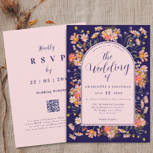 Invitación Elegante Arco Floral Azul Marino Rosa Desposorios