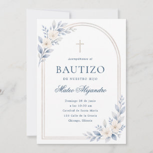 Invitación Elegante Arco Floral Azul Polvoriento Bautizo Espa