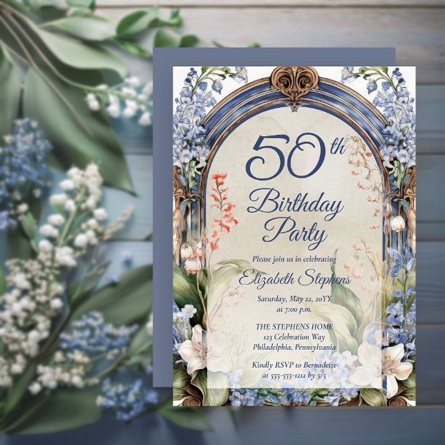Invitación Elegante arco floral barroco 50 cumpleaños (Elegant Baroque Garden Floral Arch 50th Birthday Party Invitation - Print | Digital Download)