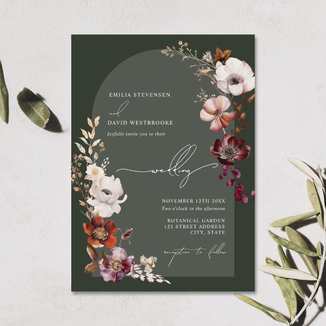 Invitación Elegante Arco floral de flores Boda verde oscuro (Subido por el creador)