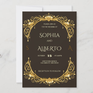 Invitación Elegante arco floral dorado Art Nouveau para boda