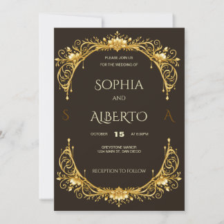 Invitación Elegante arco floral dorado Art Nouveau para boda