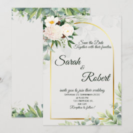 Invitación Elegante Arco Floral Dorado para Boda Save The Dat