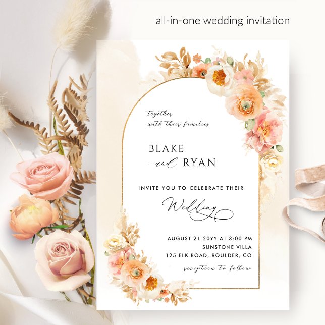Invitación Elegante Arco Floral Engranaje Rubor y Cream Boda (Subido por el creador)