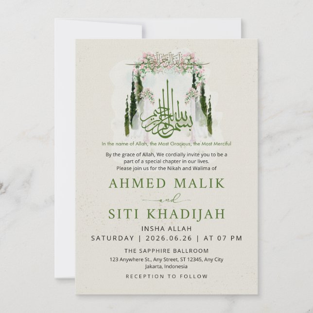 Invitación Elegante Arco Floral Islámico para Boda Nikah (Anverso)